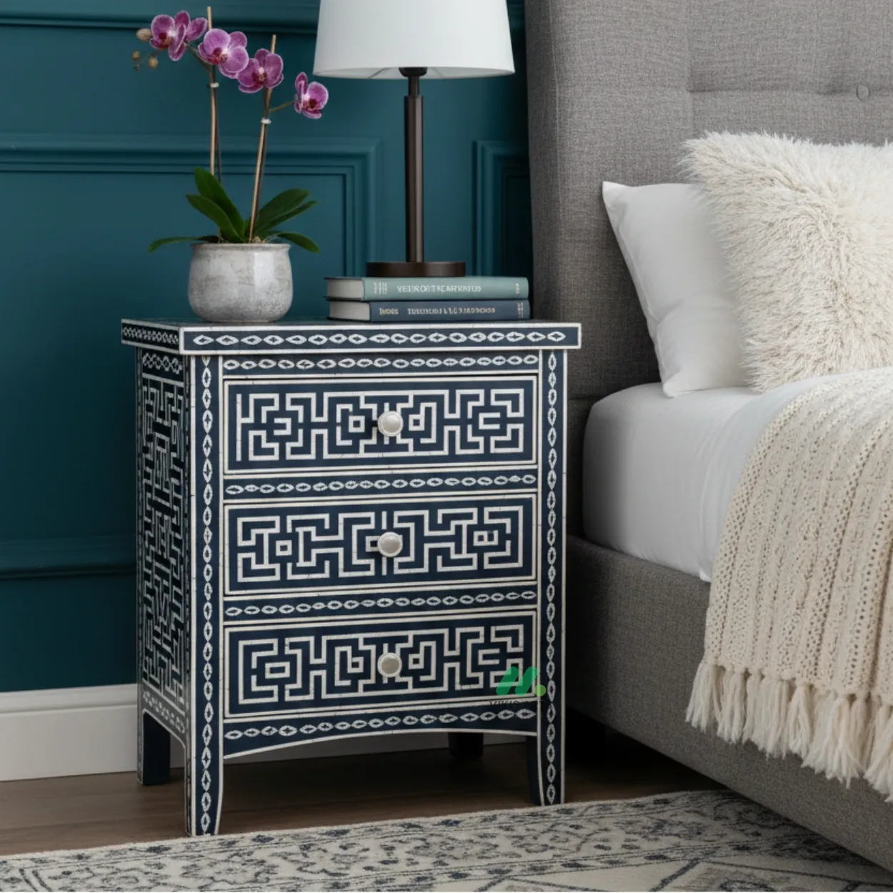 Bone Inlay Navy Blue Bedside Table with three drawer