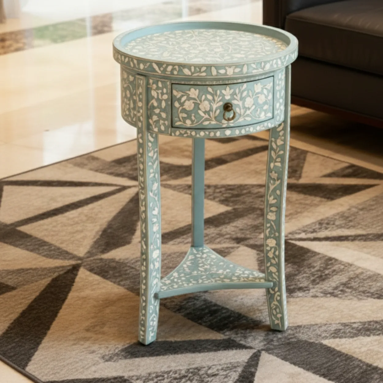 Bone Inlay Blue Round Bedside Table - Image 4