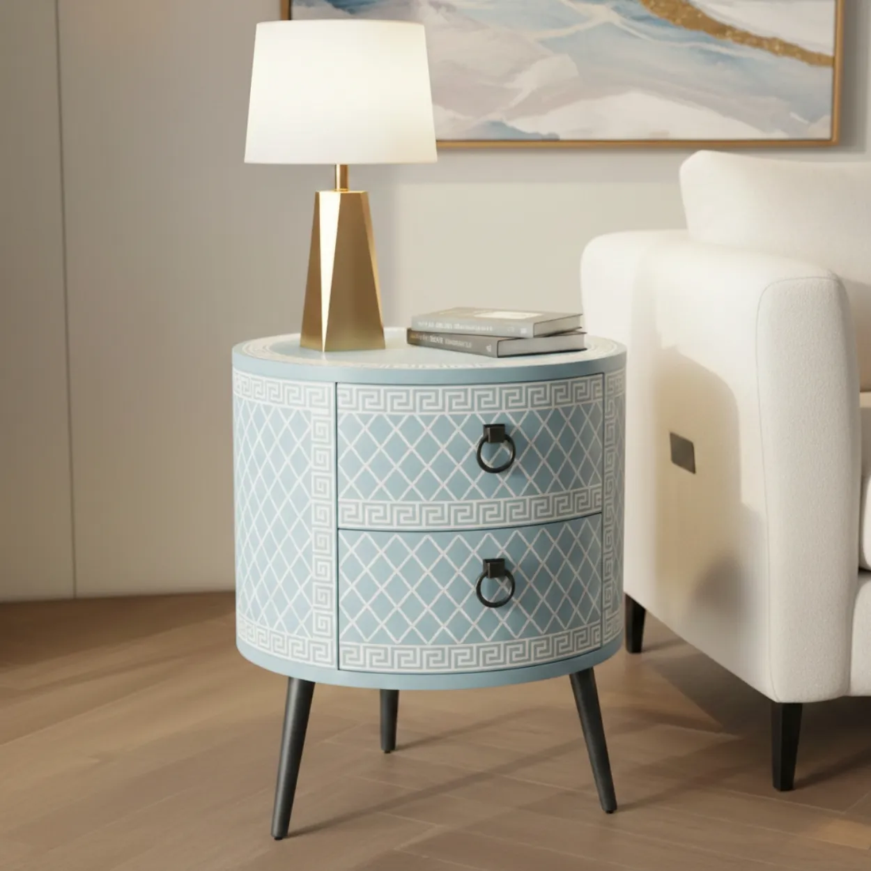Bone Inlay Light Blue Round Bedside Table with Two Drawer