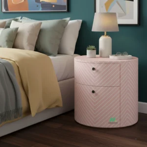 Bone Inlay Pink Round Bedside Table with Two Drawer