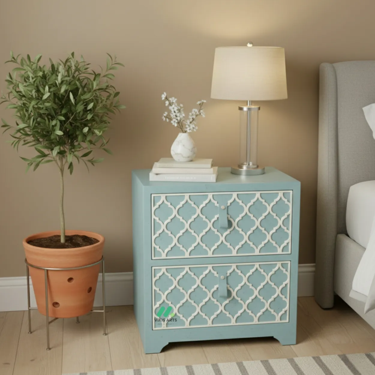 Bone Inlay Light Blue bedside Table - Image 3