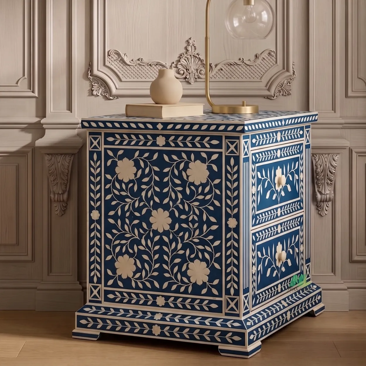 Bone Inlay Blue Bedside Table with Two Drawer - Image 4