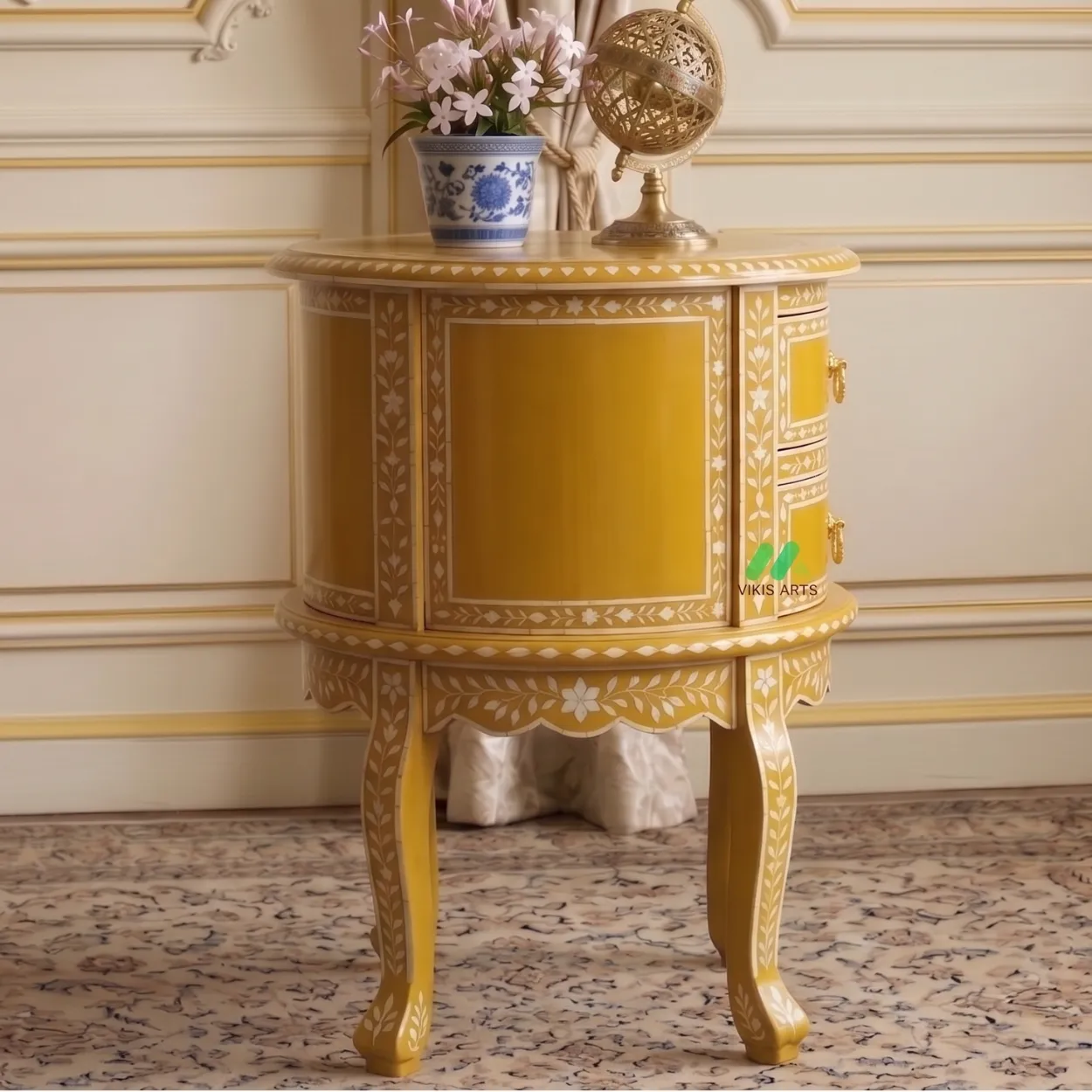 Bone Inlay Yellow Sofa Side Table - Image 3