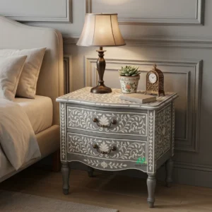 Bone Inlay Grey Bedside Table with Two Drawer