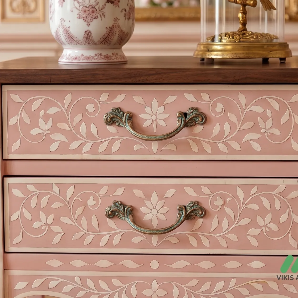 Handmade Bone Inlay Pink Bedside Table with Two Drawer - Image 5