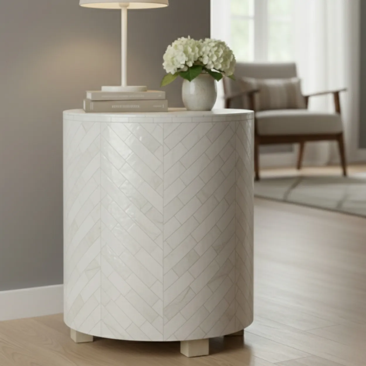 Mother Of Pearl Round Bedside Table - Image 2