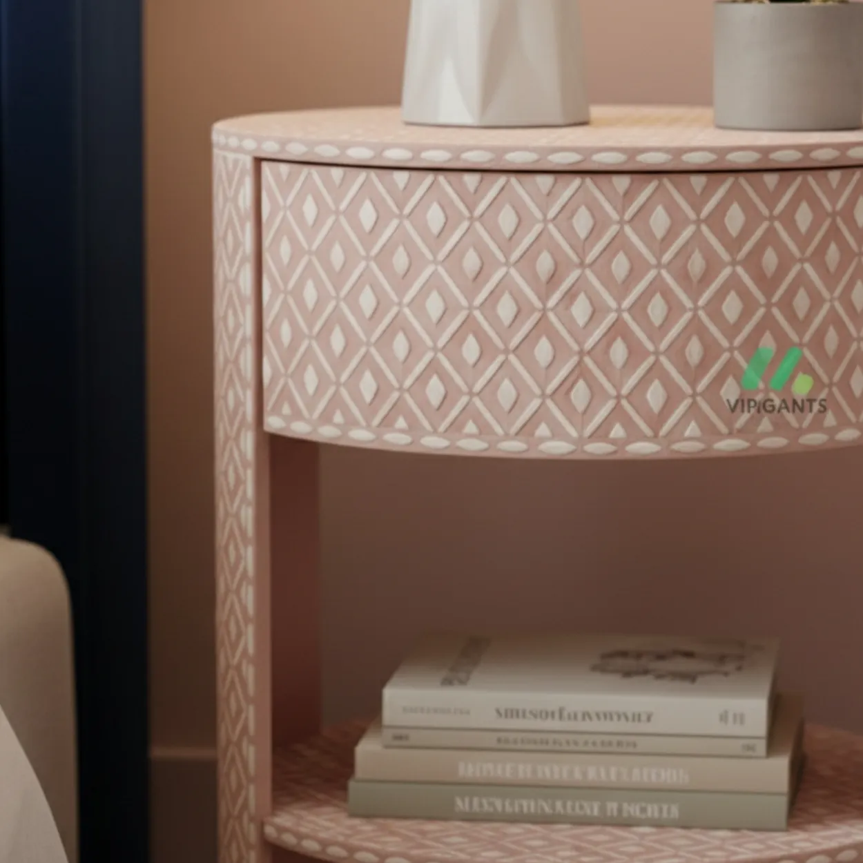 Bone Inlay Pink Round Bedside Table - Image 4