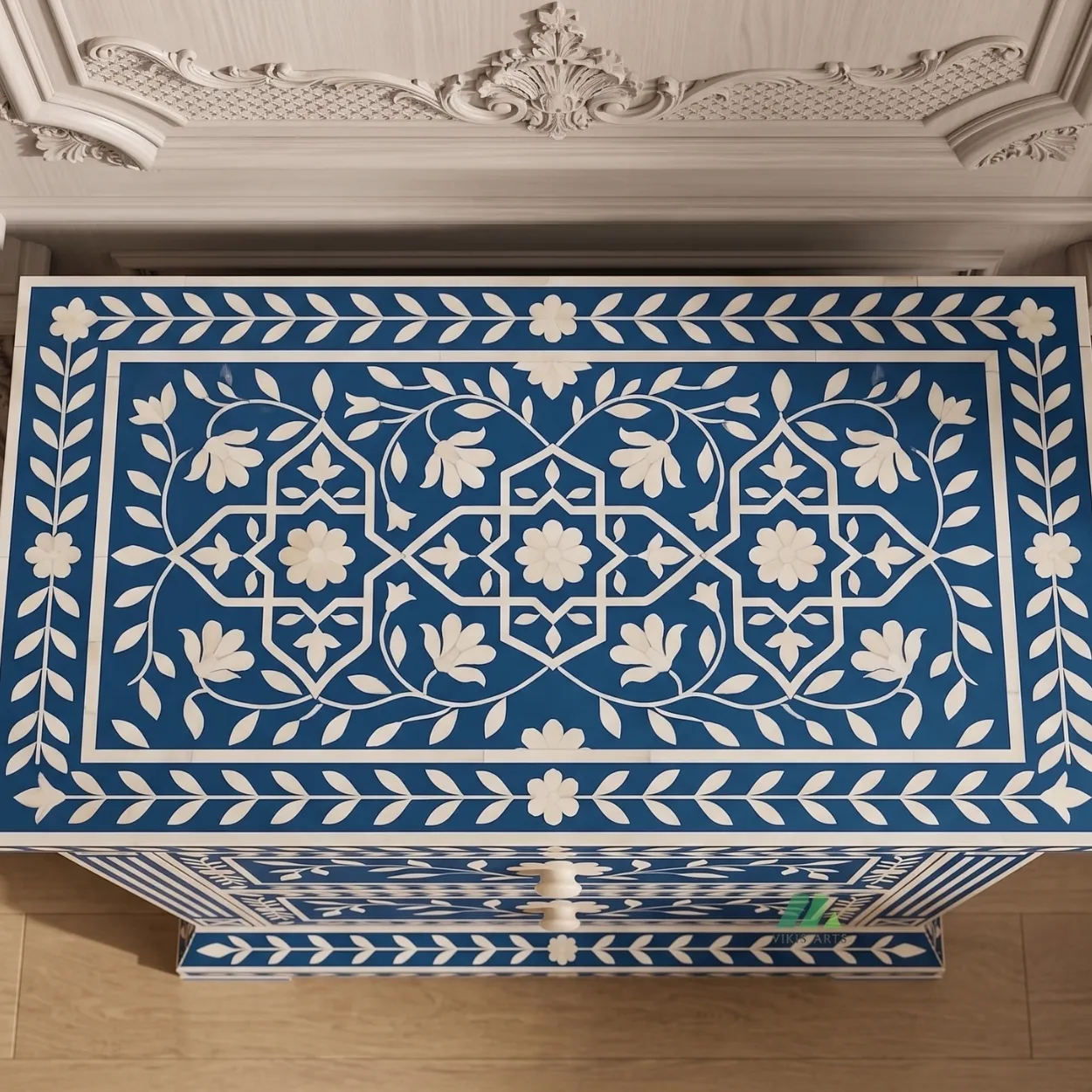 Bone Inlay Blue Bedside Table with Two Drawer - Image 3