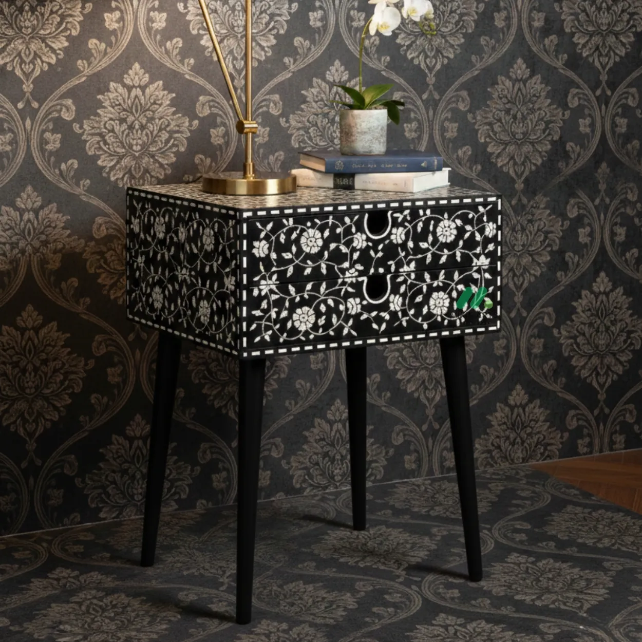 Bone Inlay Black bedside Table