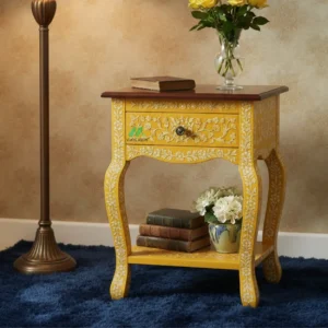 bone inlay yellow side table