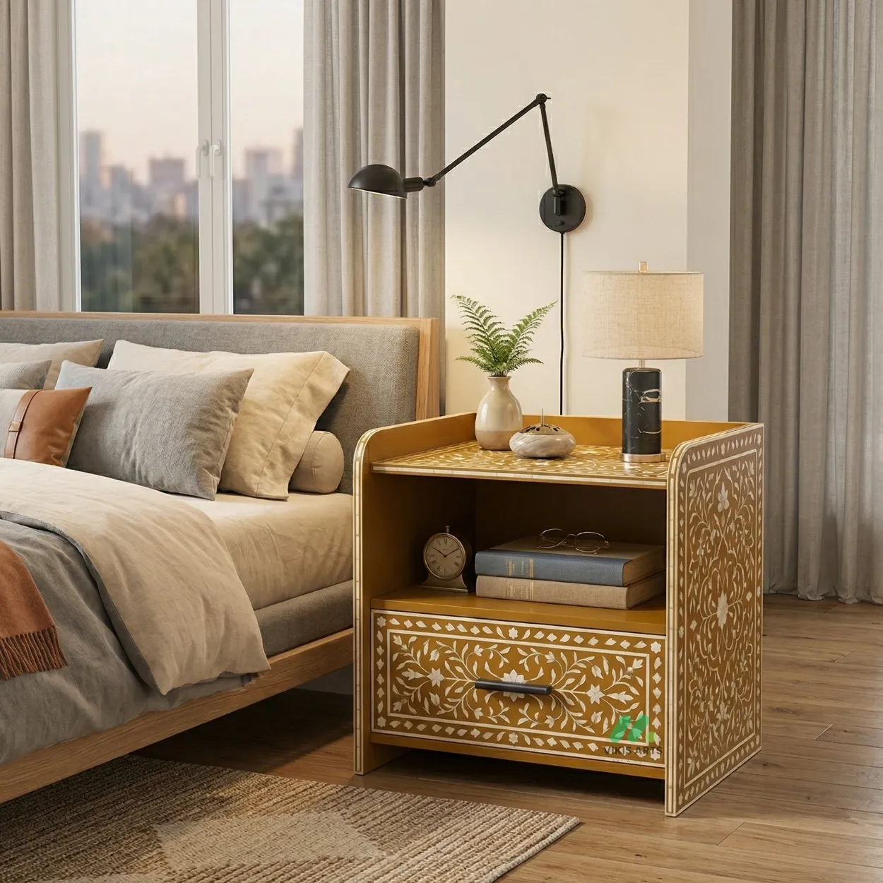 Bone Inlay Yellow Bedside Table with One Drawer
