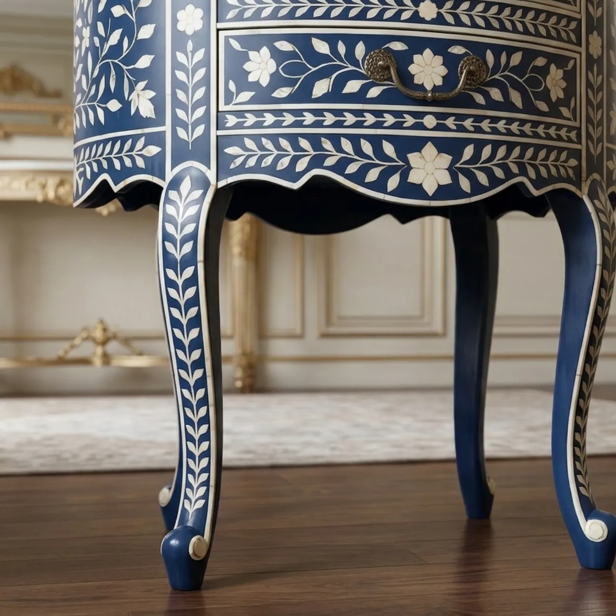 Bone Inlay Navy Blue Round Side Table - Image 6