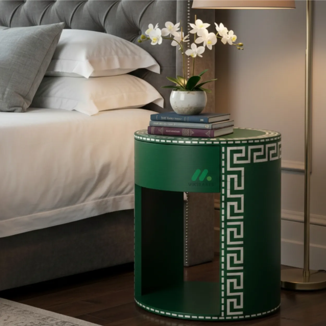 Bone Inlay Green Round Bedside Table