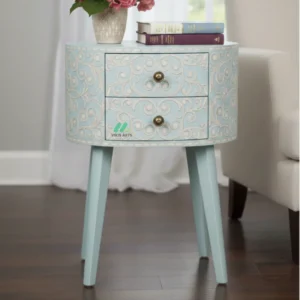 Bone Inlay Light Blue Round Bedside Table