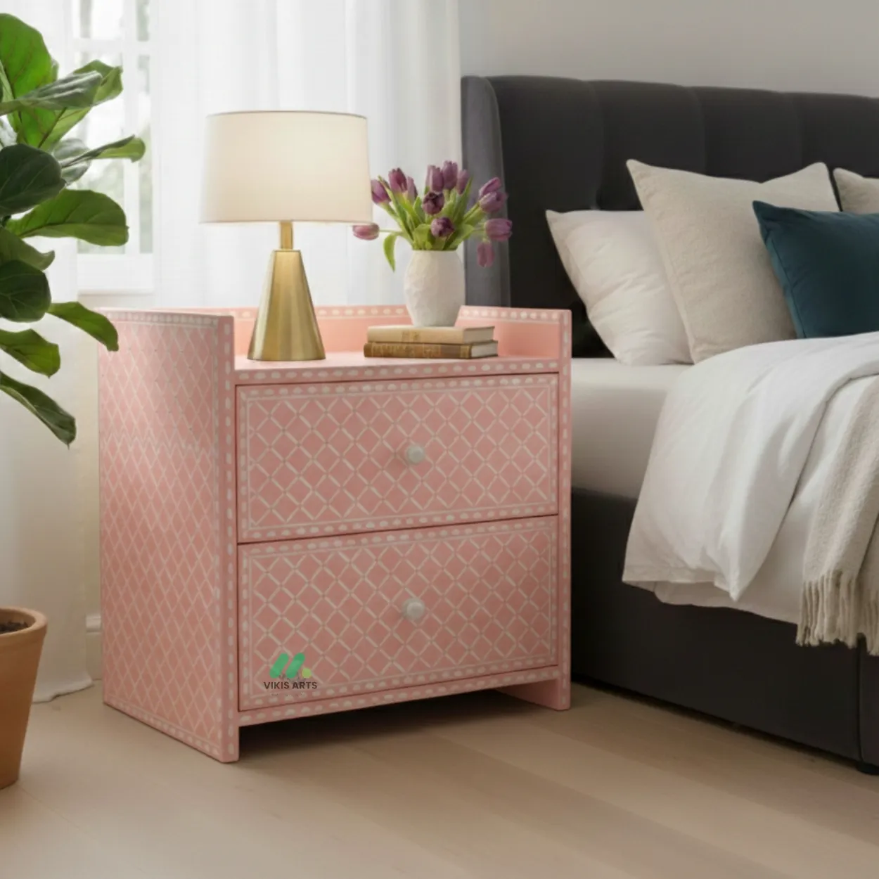 Bone Inlay Pink Bedside Table