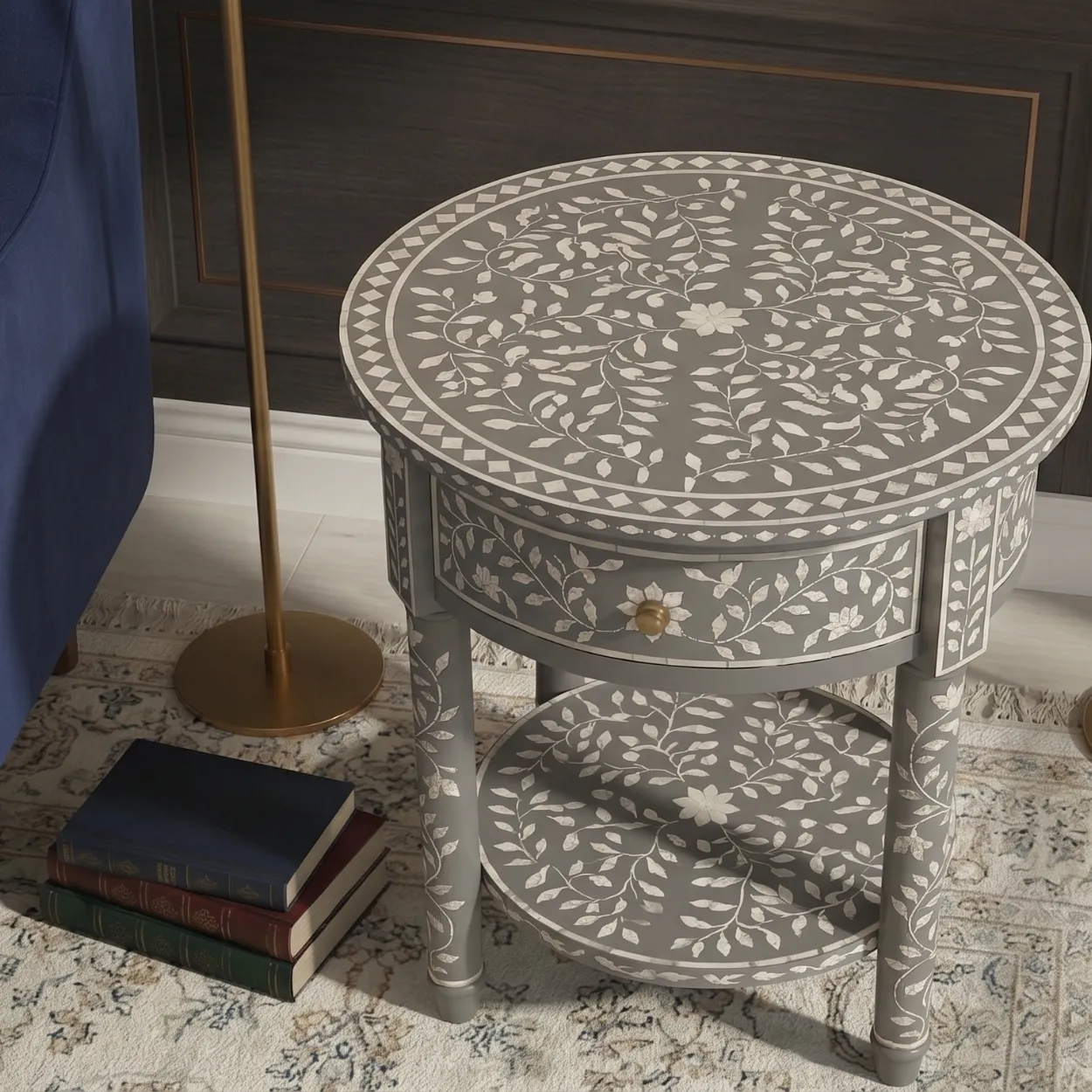 Bone Inlay Grey Round Bedside Table with One Drawer - Image 2