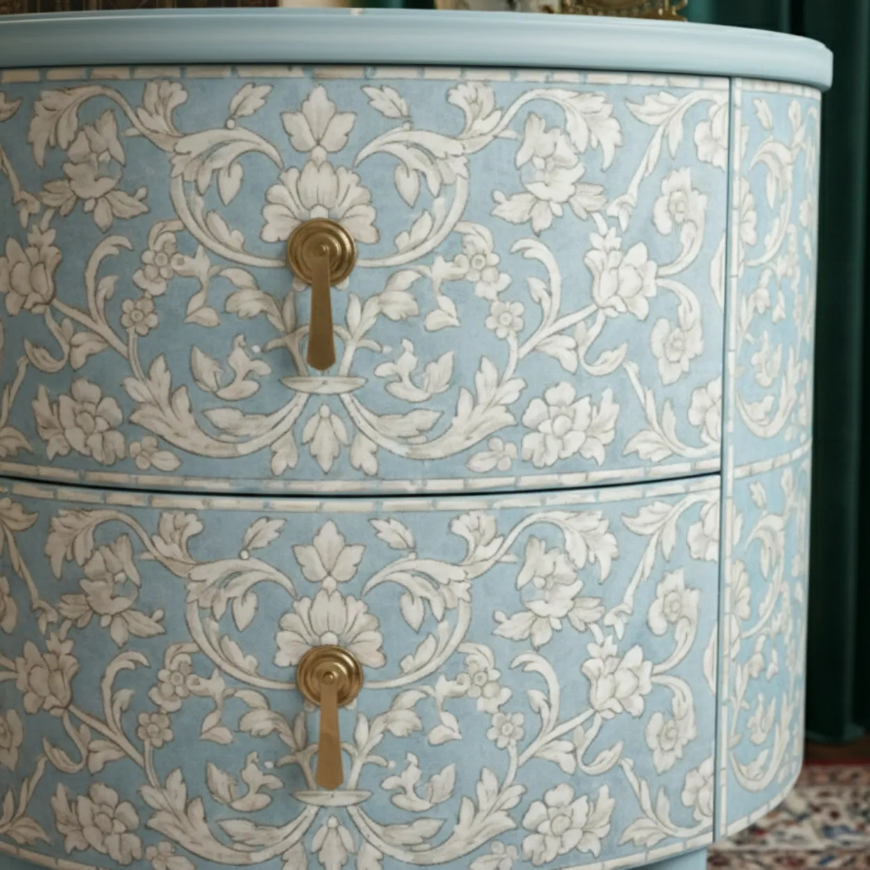 Bone Inlay Light Blue Round Bedside Table with Two Drawer - Image 4
