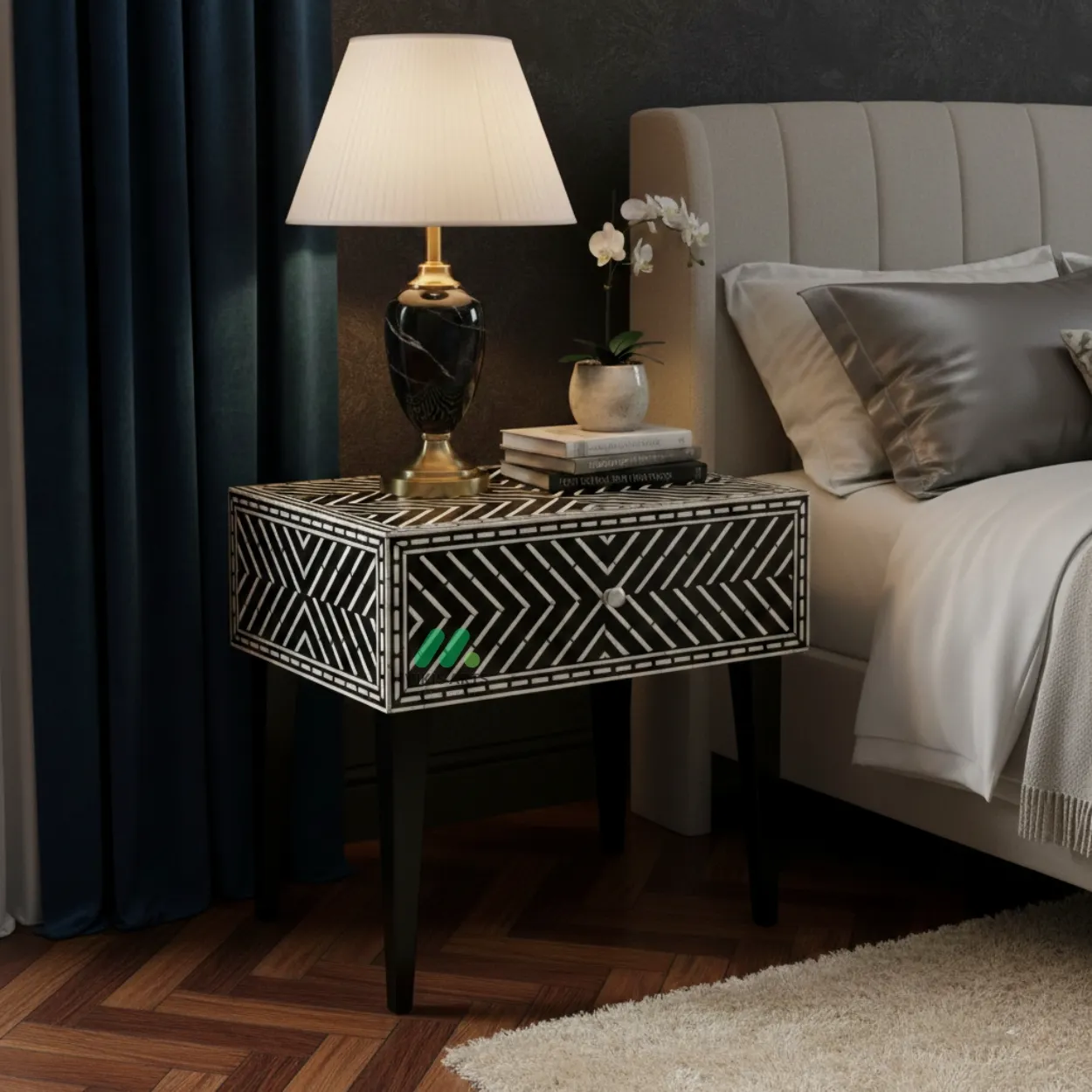 Bone Inlay Black Bedside Table