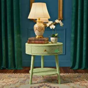 Bone Inlay Light Green Round Bedside Table