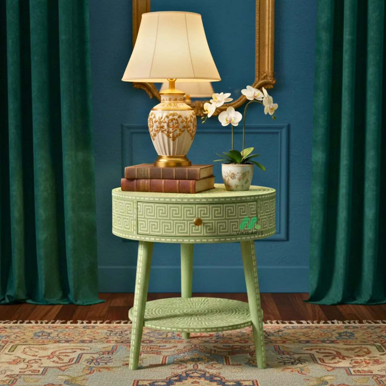 Bone Inlay Light Green Round Bedside Table