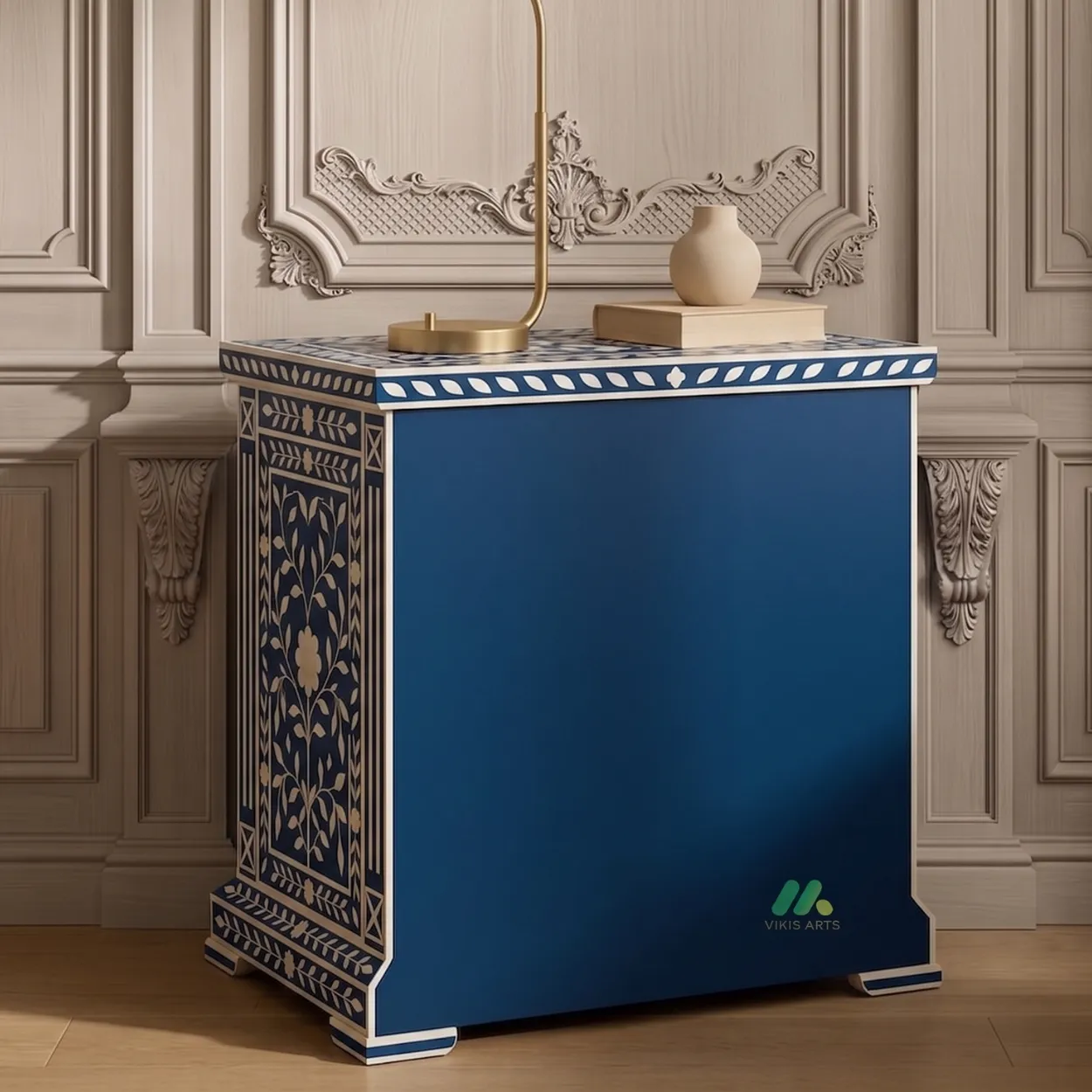 Bone Inlay Blue Bedside Table with Two Drawer - Image 2
