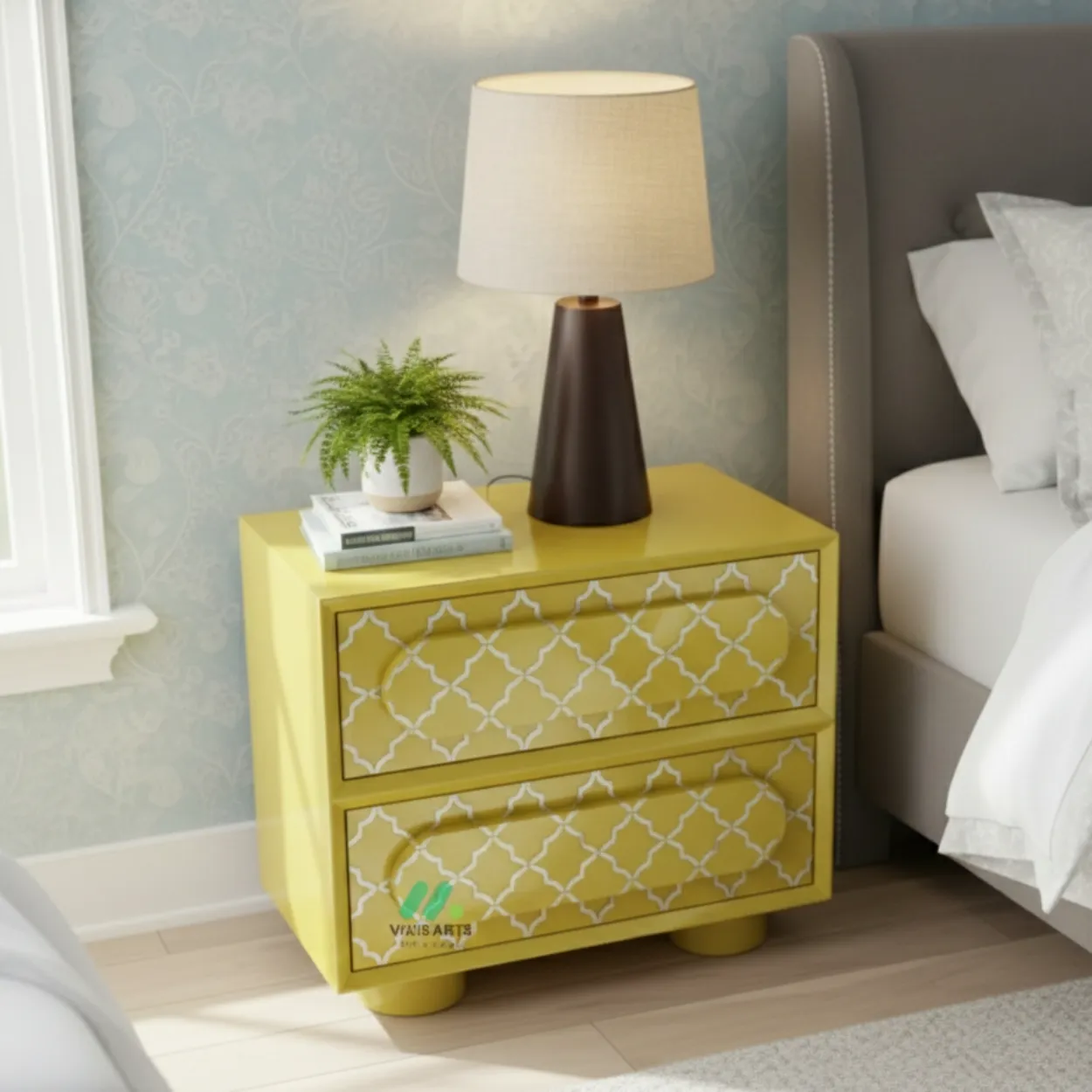 Mother Of Pearl Yellow Two Drawer Bedside - Image 2