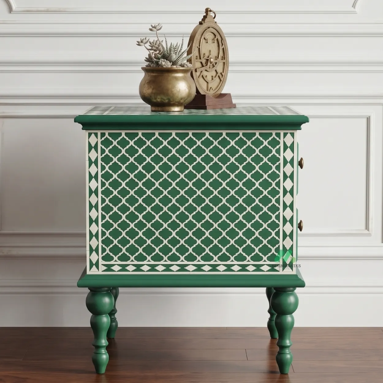 Bone Inlay Green bedside Side table with two Drawer - Image 4