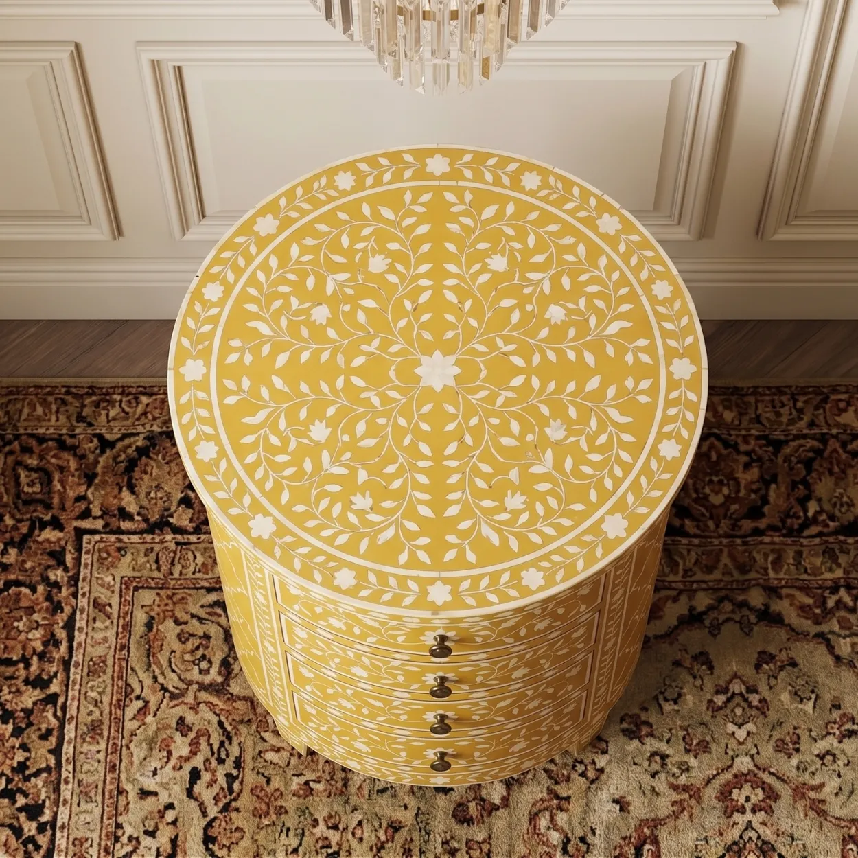 Bone Inlay Round Four Drawer bedside Table - Image 3