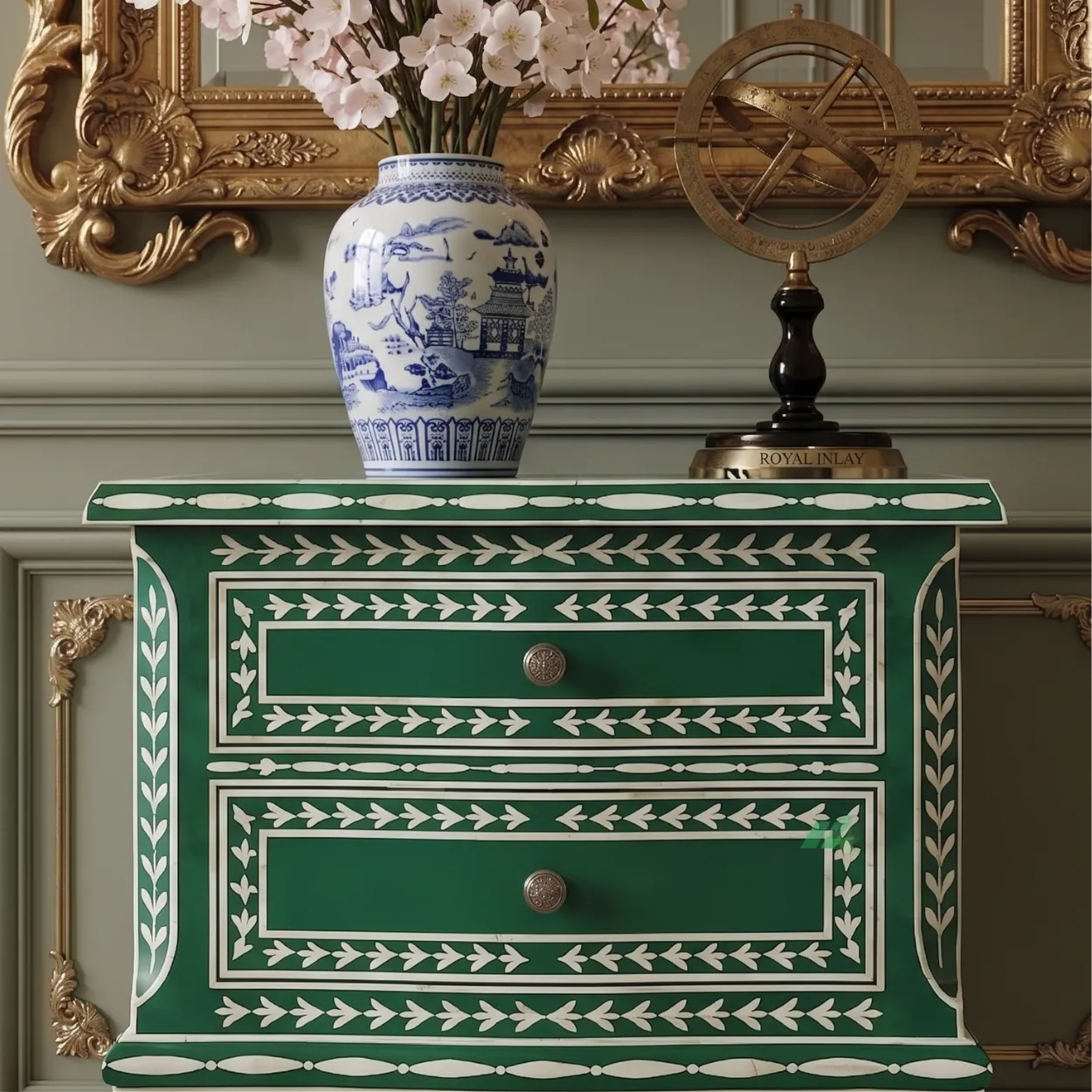 Bone Inlay Green Bedside table with Two Drawer - Image 5