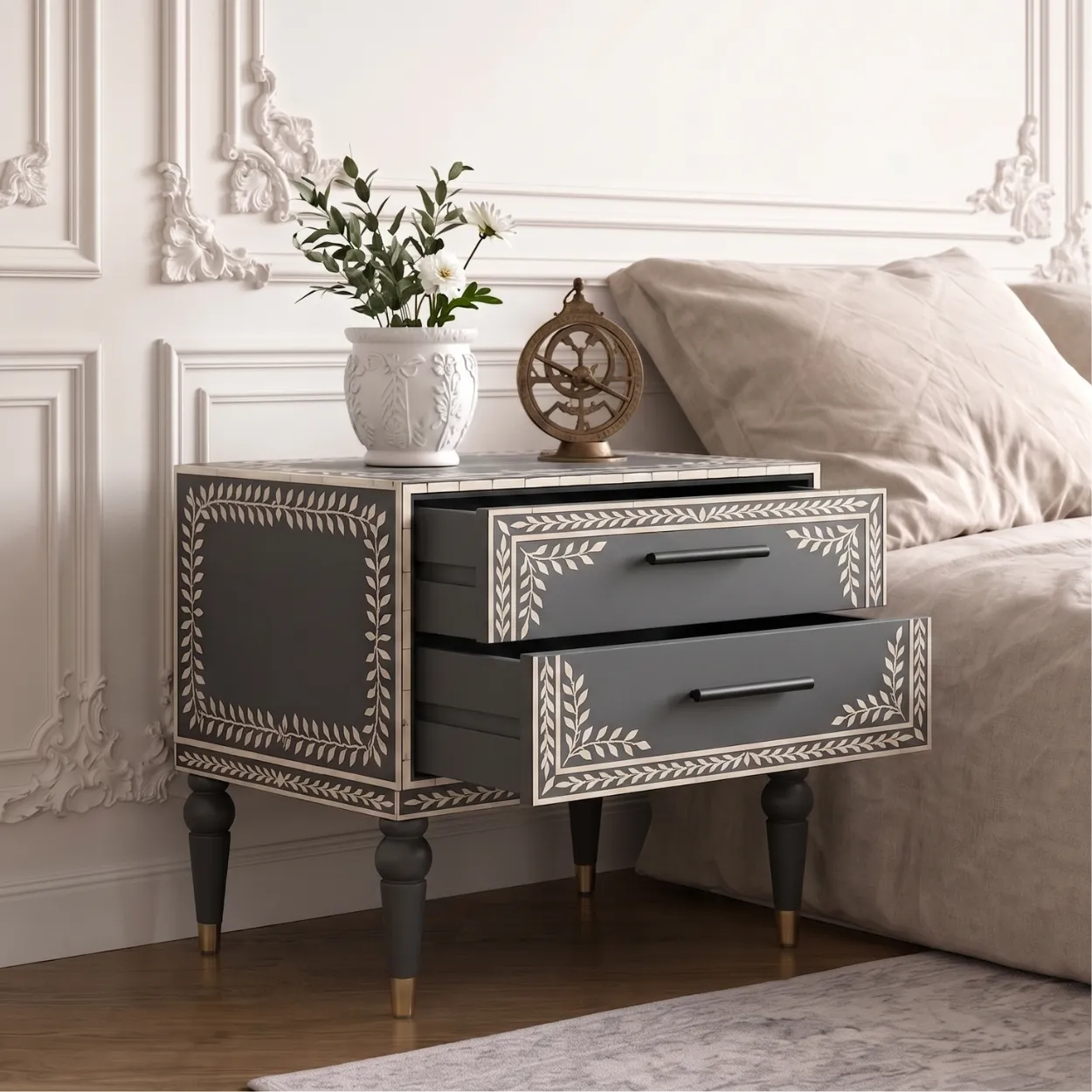Bone Inlay Two Drawer Bedside Table - Image 5
