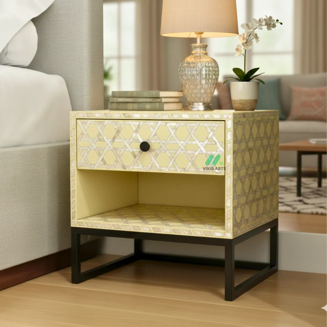 Mother Of Pearl Bedside Table with One Drawer