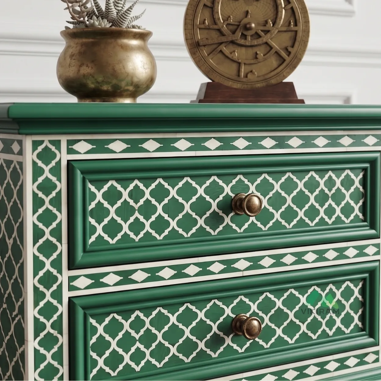 Bone Inlay Green bedside Side table with two Drawer - Image 5