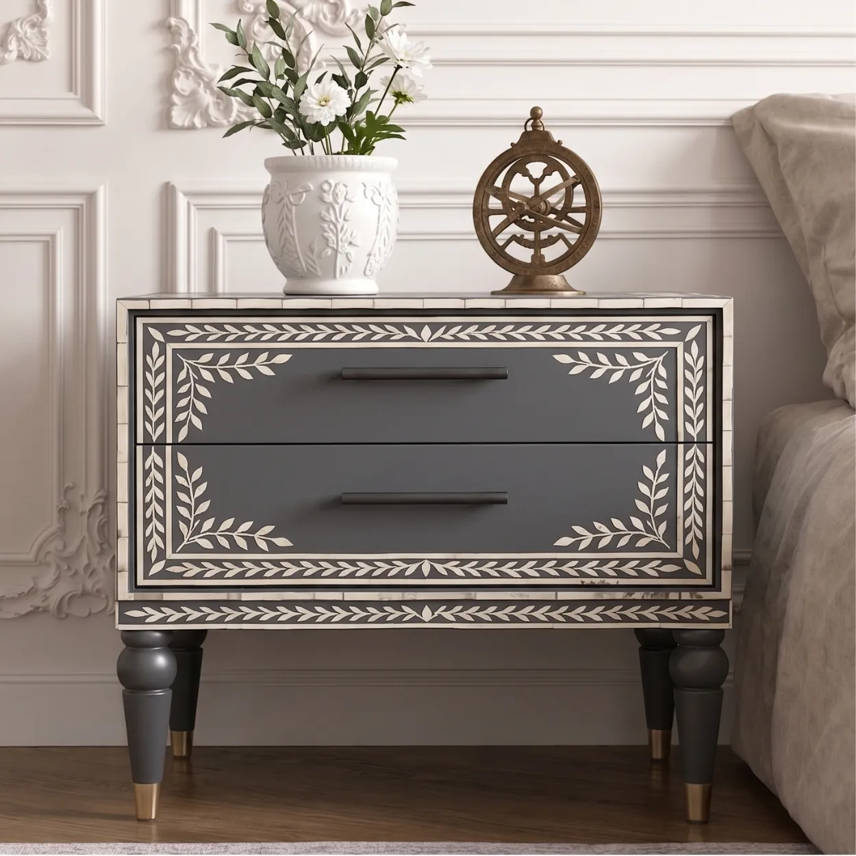 Bone Inlay Two Drawer Bedside Table - Image 6