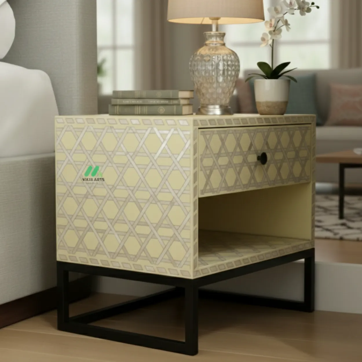 Mother Of Pearl Bedside Table with One Drawer - Image 4