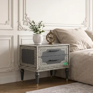Bone Inlay Two Drawer Bedside Table
