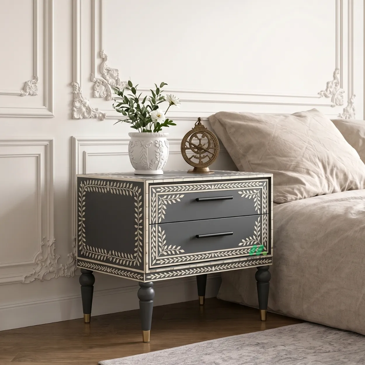 Bone Inlay Two Drawer Bedside Table