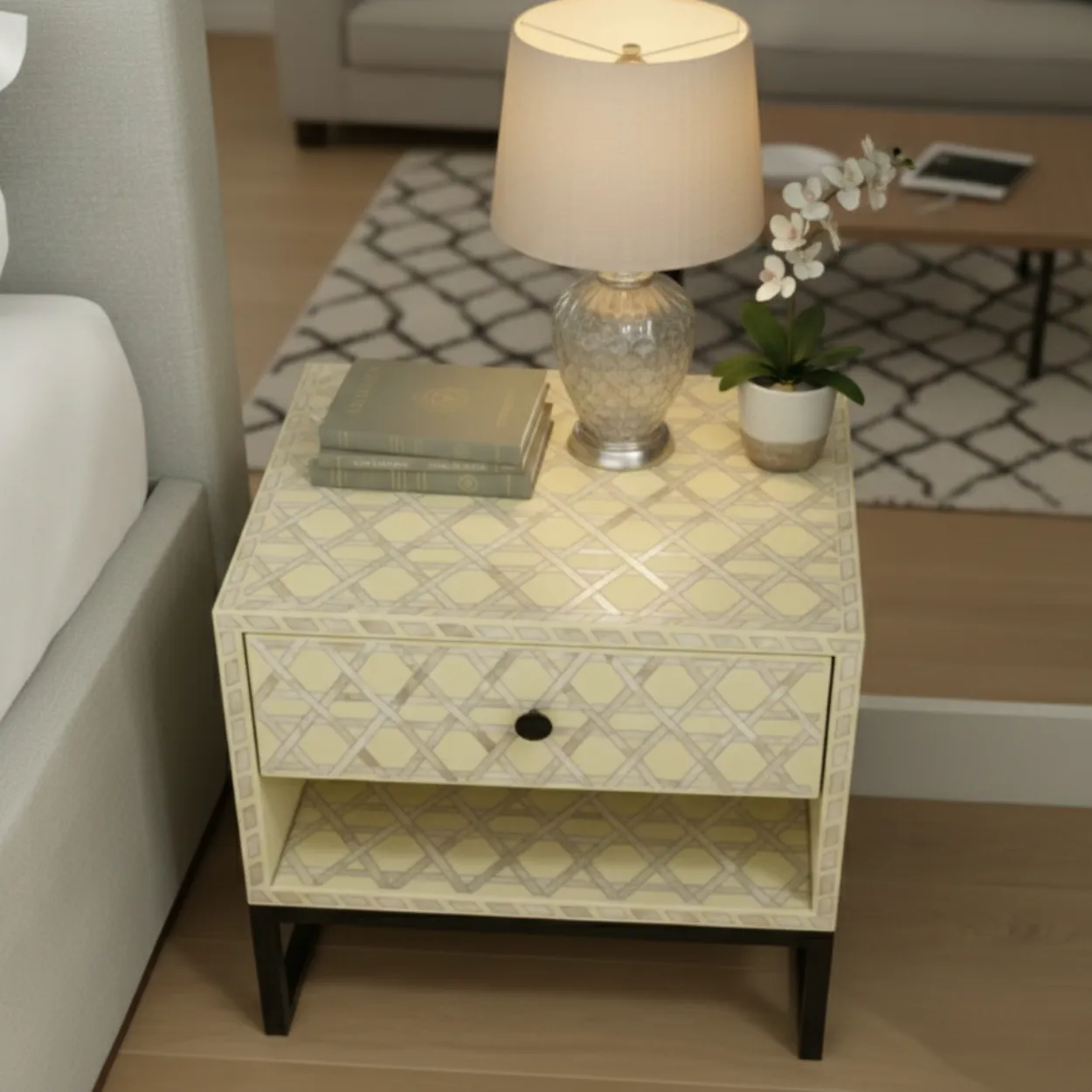 Mother Of Pearl Bedside Table with One Drawer - Image 3