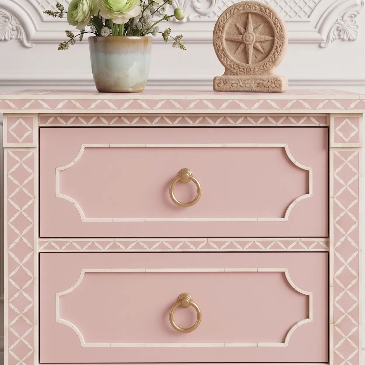 Bone Inlay Baby Pink Two Drawer Bedside - Image 6