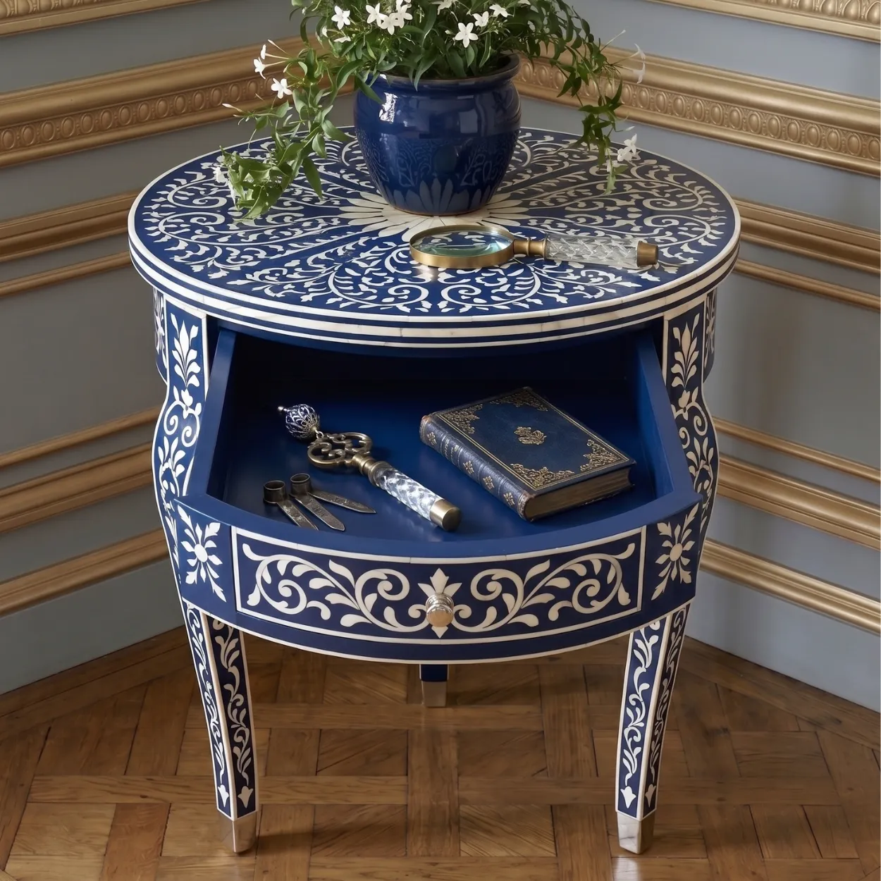 Bone Inlay Blue Round Bedside Table with One Drawer - Image 5