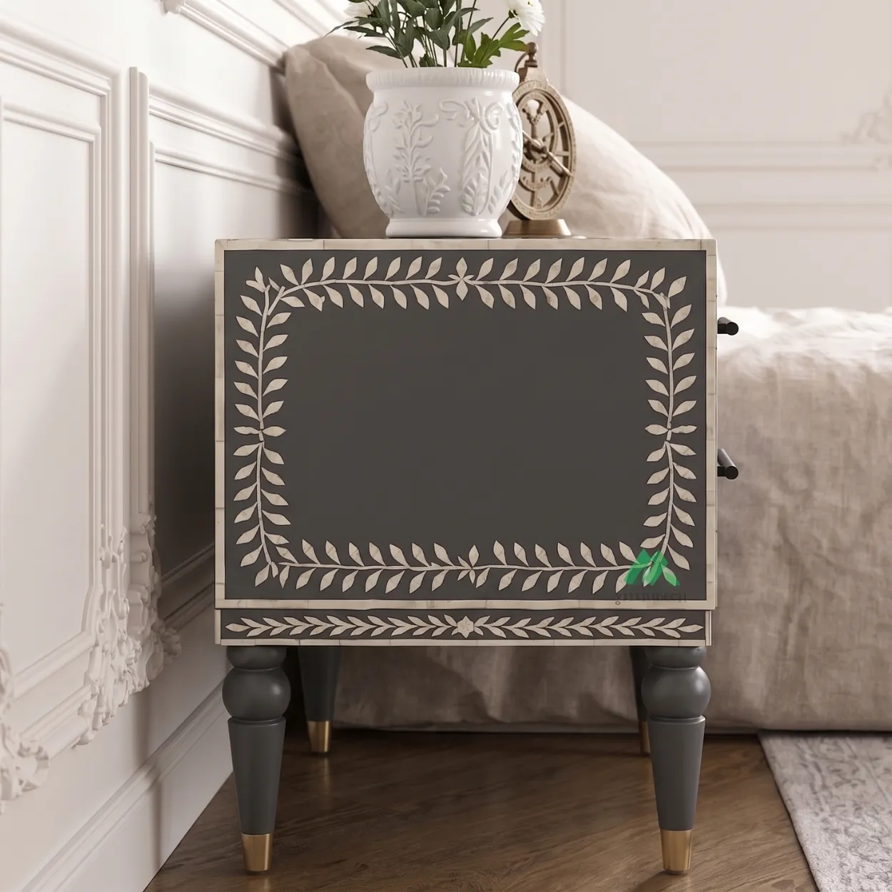 Bone Inlay Two Drawer Bedside Table - Image 4