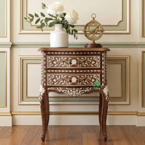 Bone Inlay Wooden Bedside Table with Two Drawer