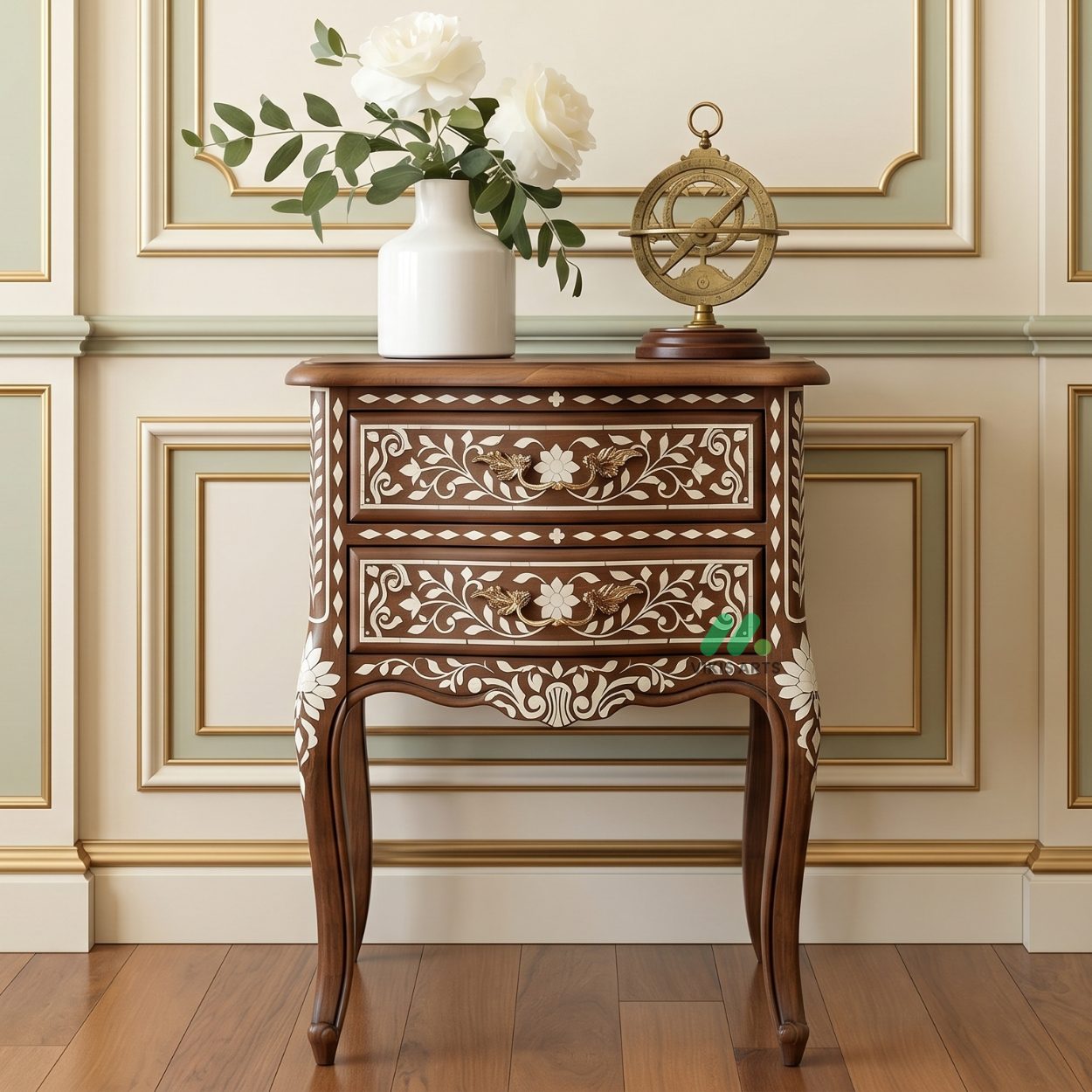 Bone Inlay Wooden Bedside Table with Two Drawer
