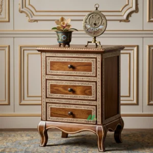 Bone Inlay Wooden Bedside Table with Three Drawer