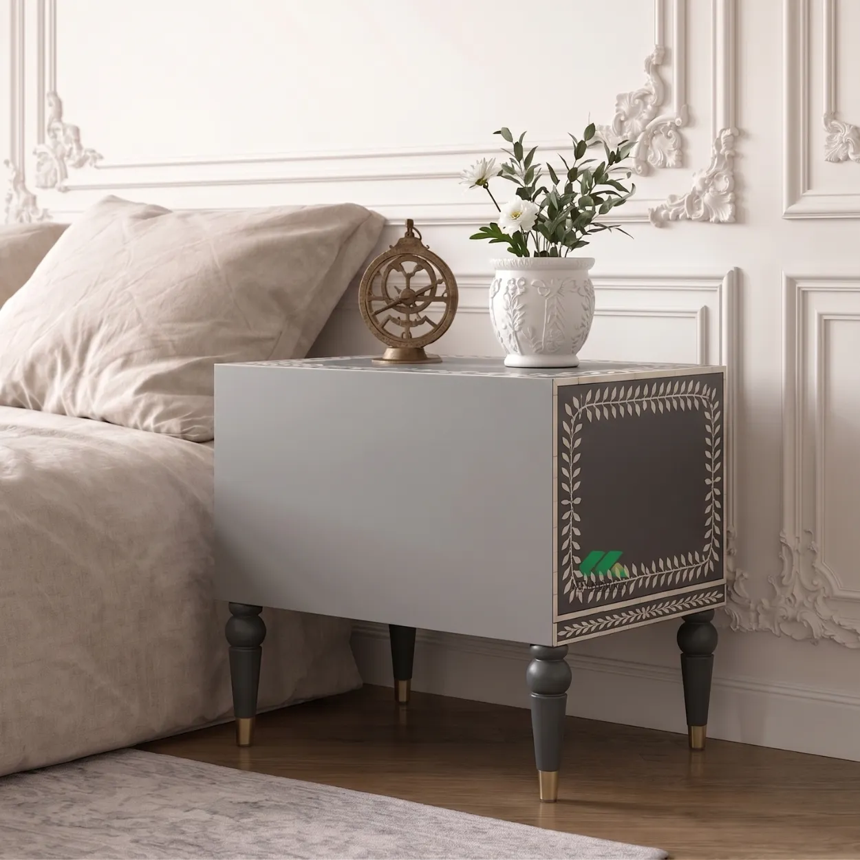 Bone Inlay Two Drawer Bedside Table - Image 2