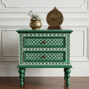 Bone Inlay Green bedside Side table with two Drawer
