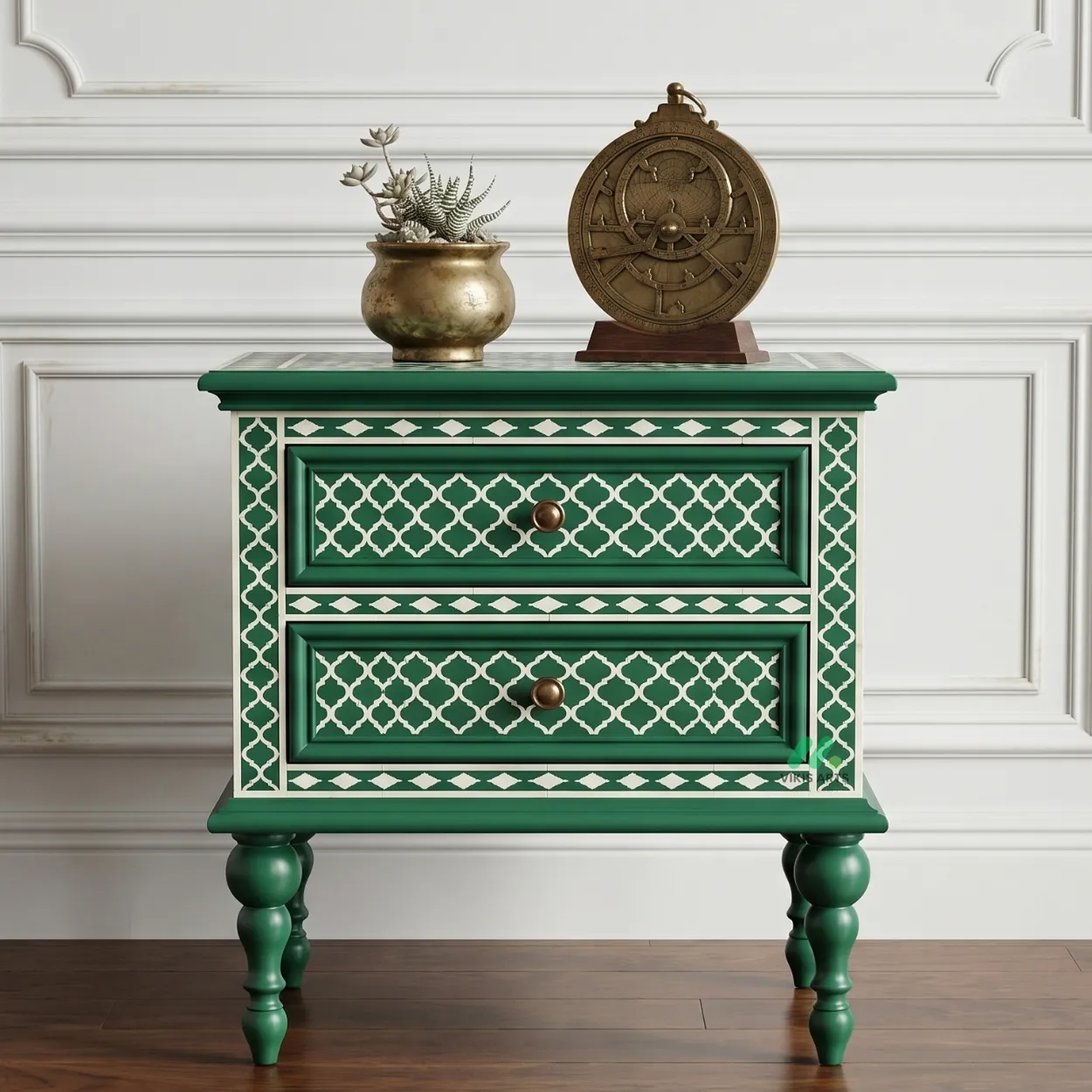 Bone Inlay Green bedside Side table with two Drawer