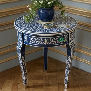 Bone Inlay Blue Round Bedside Table with One Drawer