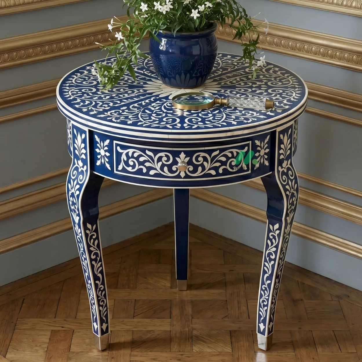Bone Inlay Blue Round Bedside Table with One Drawer