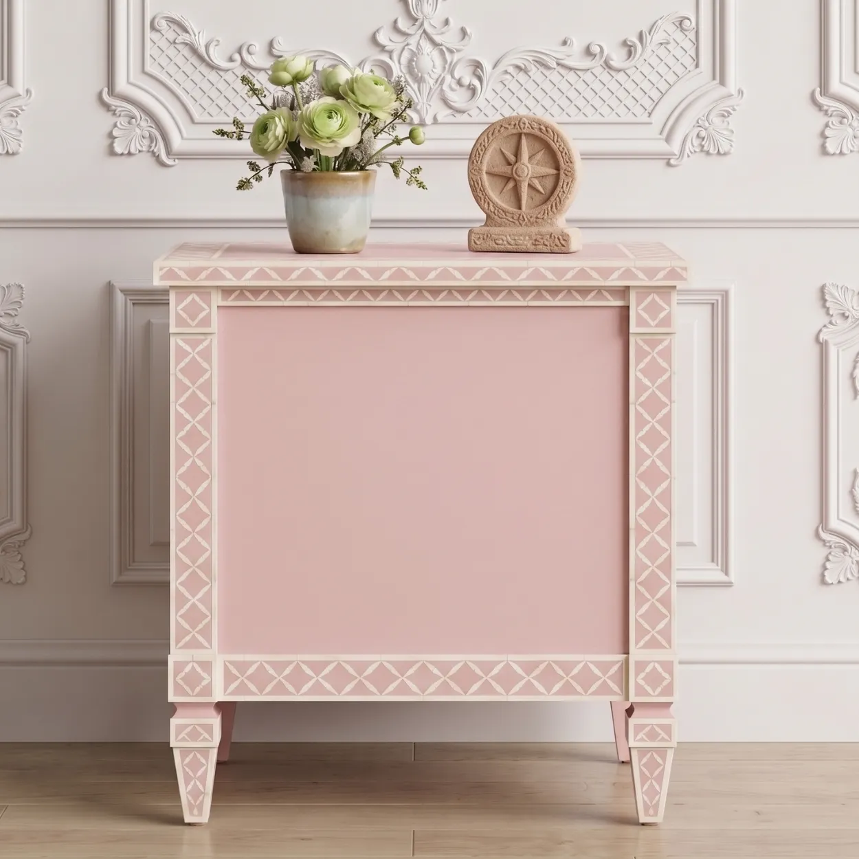 Bone Inlay Baby Pink Two Drawer Bedside - Image 2