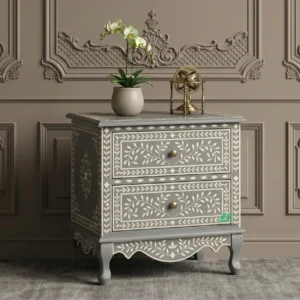 Bone Inlay Grey Bedside Table with Two Drawer